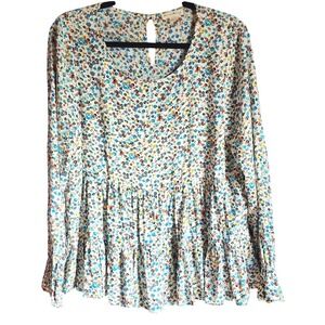 Jane and Delancey Womens Cottagecore Floral Peplum Smocked Cuffs Rayon Top Large